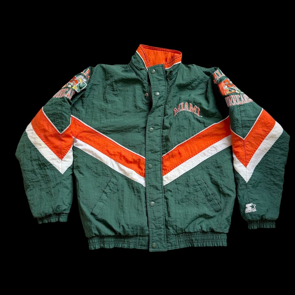 90's Starter Miami Hurricanes Jacket XL Green Orange Puffer Nylon Vintage NCAA